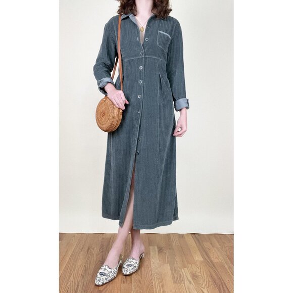 Vintage 90s Corduroy Midi Dress Long Duster Cardigan Jacket Coat Shacket 1990s - Picture 8 of 8